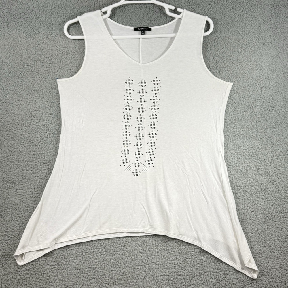 Relativity Woman's XL White Tank Top Classic White Stretch Bling‎ Semi Sheer